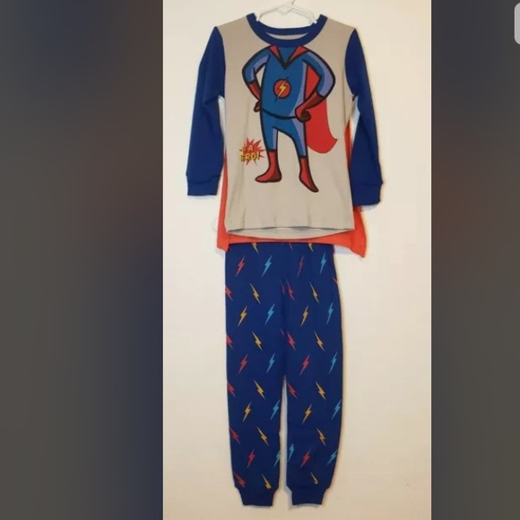 Schmoopy Blue Be a Hero Long Sleeve Pajamas with Removable Red Cape 8 years - Picture 1 of 13